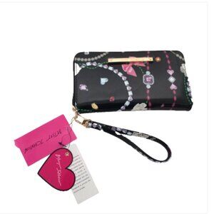 Betsey Johnson Zip Around Wallet Clutch Crossbody Wristlet NWT Black Print